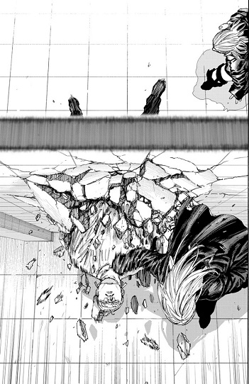 A page from Sakamoto Days Chapter 150 where a man is being pulled through a wall