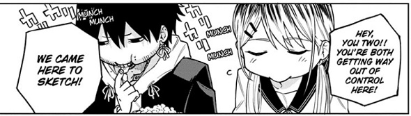 Girl and Kuromori looking guilty as they eat popcorn