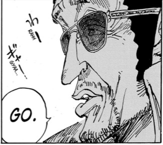 Kizaru looking through shaded glasses saying 'Go'